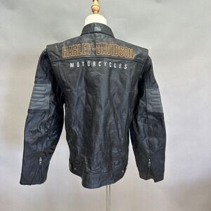 Harley-Davidson Men's Black Leather Riding Coat Jacket Hoodie 3 in 1 Size Medium